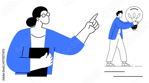 Woman holding documents, pointing out directions as a man carries a lightbulb with plants inside. Ideal for teamwork, mentorship, innovation, leadership, creativity, professional growth