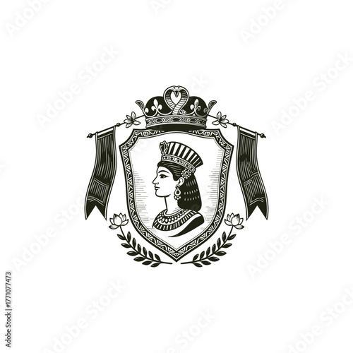 Regal and sophisticated vintage woodcut style emblem featuring the profile of an Egyptian Queen (Pharaoh or Cleopatra) wearing a traditional royal headdress