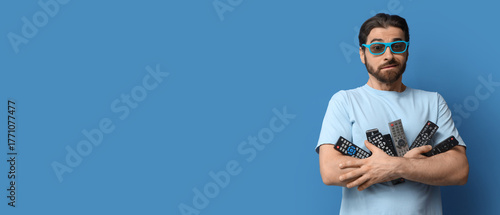 Emotional man holding many ...