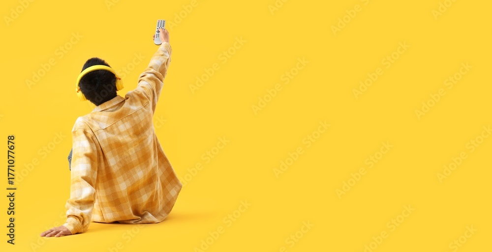 Fototapeta premium Man with TV remote controller and headphones sitting on yellow background with space for text, back view