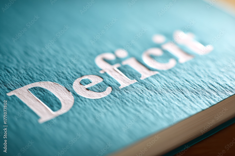 Obraz premium Close-up of the word “Deficit” printed on textured paper, symbolizing financial imbalance and economic shortfall.
