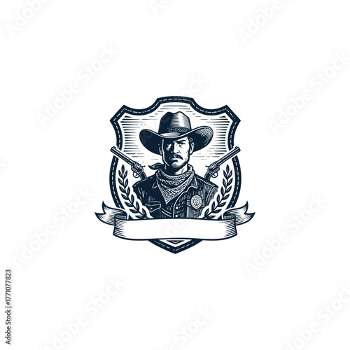 Vintage engraving style illustration of a serious cowboy, sheriff, or western gunfighter wearing a wide-brimmed hat, bandana, and badge, placed inside a classic shield or emblem