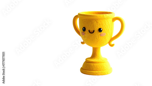Yellow, textured trophy with a cute, smiling face against a black background. Playful, cartoonish style