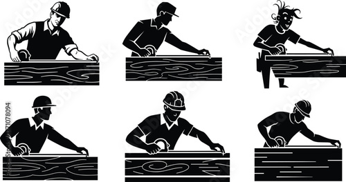 Woodworking craftsman using hand plane, carpentry tools, workshop scene, black and white illustration, vintage style, skilled labor, helmet safety