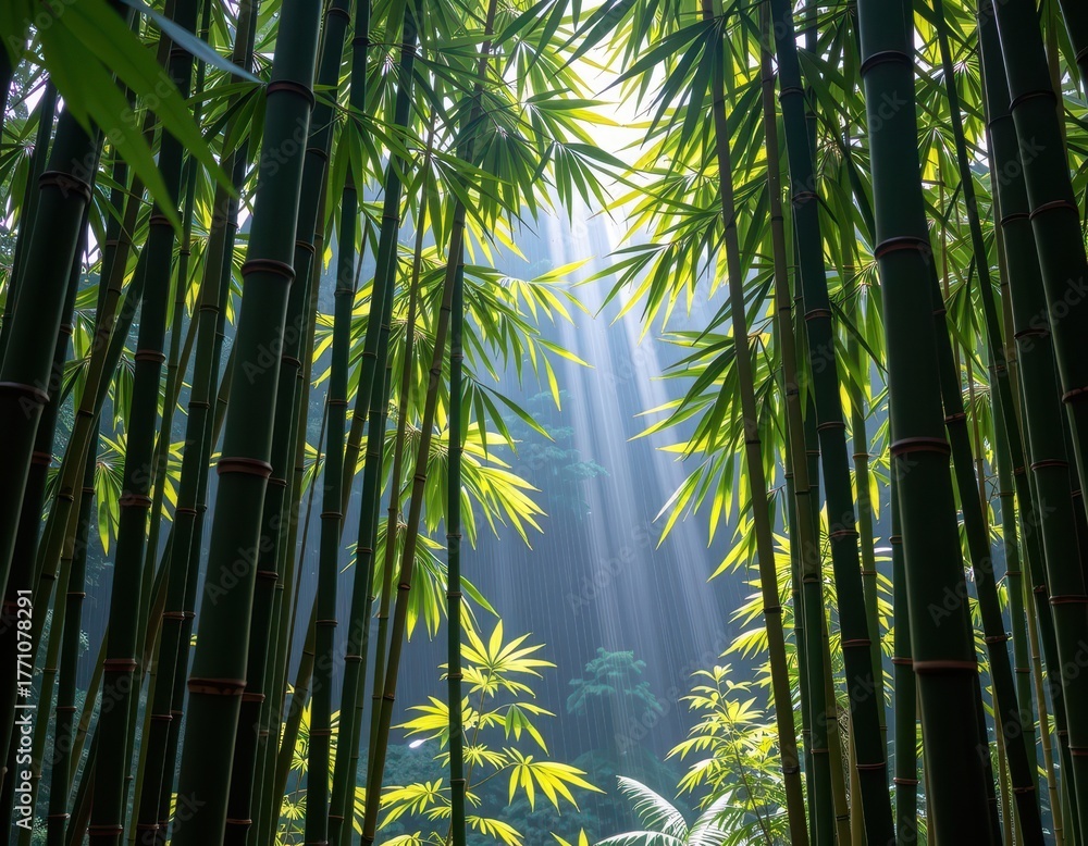 Fototapeta premium Serene bamboo grove bathed in gentle rain, light filtering through lush green stalks, wet, outdoors, drops