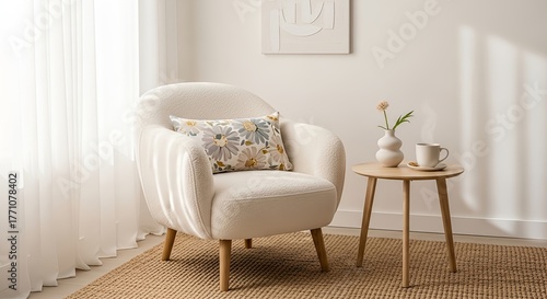 Luxury modern living room interior design with comfortable armchair, sofa, and floor lamp