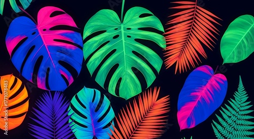 Bright, colorful feathers create an abstract pattern on a black background, offering a vibrant vector illustration for design and decoration