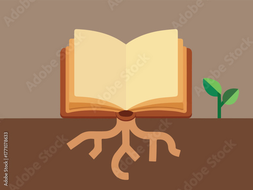 The Roots of Knowledge: An illustrated concept of an open book with roots symbolizing the foundation and growth of knowledge and education, and a fresh sprout emerging.