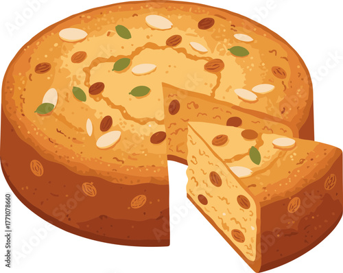 Detailed Flat Illustration of Delicious Fruitcake with Cut Slice for Dessert