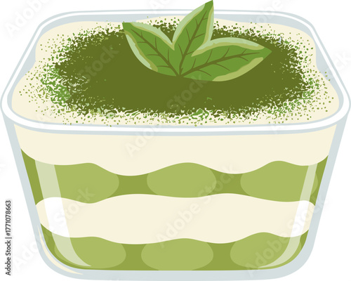 Flat Simple Matcha Tiramisu in Glass Bowl Dessert Illustration