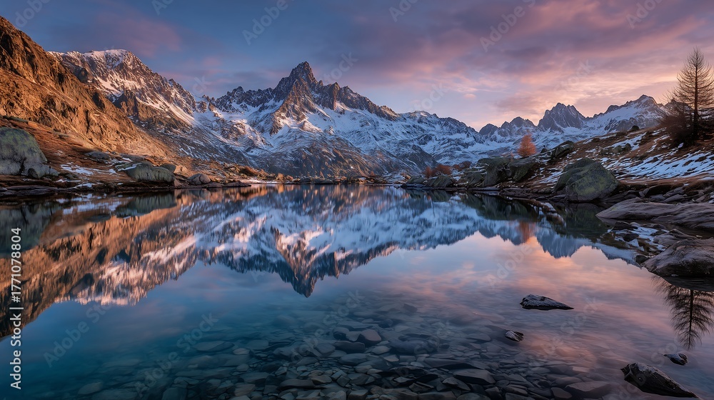 Obraz premium Mountain lake reflection with snow-capped peaks