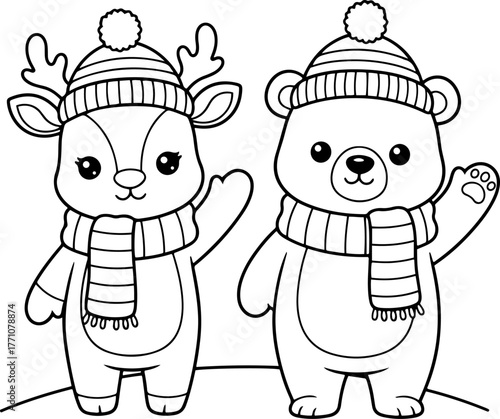 Cute reindeer and polar bear in winter hats and scarves, waving cheerfully. Black and white vector outline for coloring