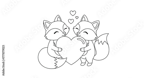 Two cute cartoon foxes holding a heart and surrounded by smaller hearts.