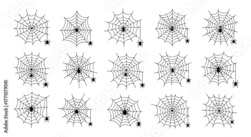 Collection of spooky spider webs with small spiders in various positions, perfect for Halloween themes.