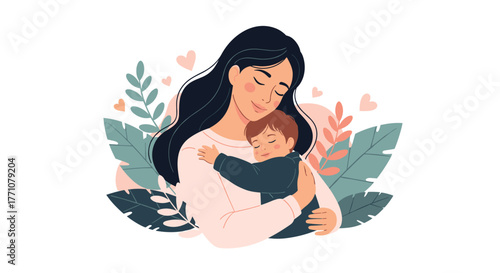Illustration of a mother tenderly hugging her sleeping child surrounded by leaves and hearts.