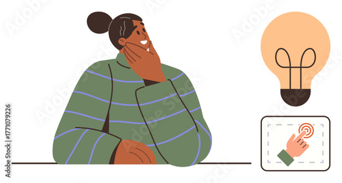 Person with hand on chin symbolizes deep thinking, paired with light bulb and touchscreen icon suggesting ideas, inspiration, and decision-making. Ideal for creativity, problem-solving