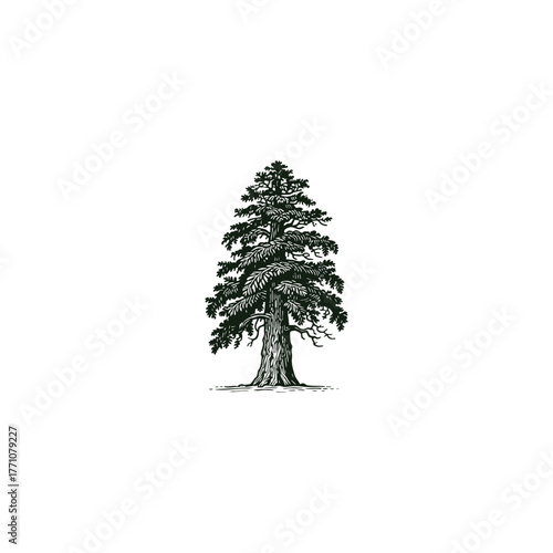 illustration of a massive Sequoia or Redwood tree, rendered in an authentic vintage woodcut style
