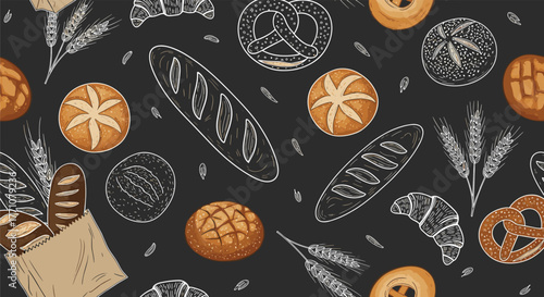 Seamless pattern of assorted baked goods and wheat stalks on a dark background.