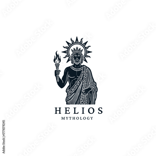 Majestic vector illustration featuring the Greek sun god, Helios, depicted in a classic statue or engraving style. The god is holding a flaming torch and crowned with a radiating sun halo