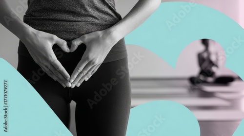 Pelvic floor rehabilitation and treatment,The background is a yoga room, and there is a close-up of the same woman making a heart gesture with her hand in front of her pelvic floor muscles .