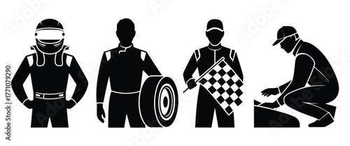 Race car crew performing pit stop, teamwork in motorsport, fast-paced tire change and refueling, professional racing team in action, formula one pit lane, high-speed racing concept