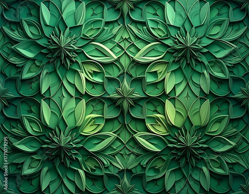 Wallpaper Mural Intricate green floral geometric design with layered leaves and shapes Torontodigital.ca