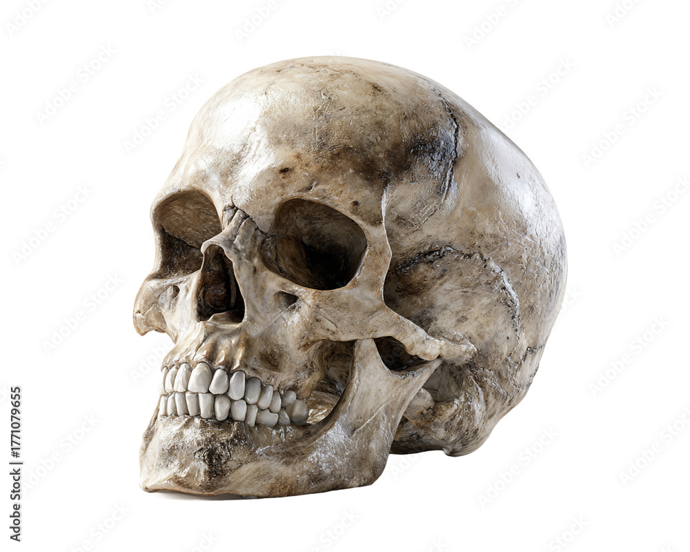 Obraz premium Detailed Anatomical Skull Close Up with Ivory Bone Texture and Transparent Background for Medical Illustration or Halloween Decoration, PNG