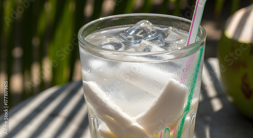 A refreshing glass of coconut water with ice and chunks of coconut flesh, served with a straw.