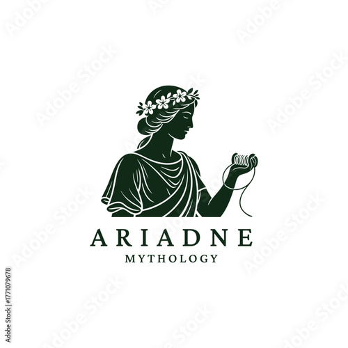 Elegant vector illustration featuring a woman, possibly the Greek figure Ariadne, holding a strand of thread pulled from a large spool.