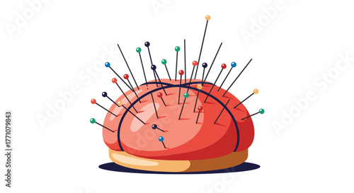 A bright red pincushion with many colorful pins stuck into it at various angles.