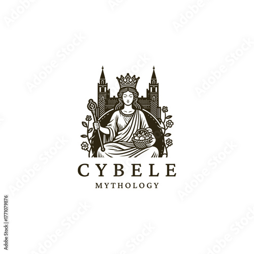 vector illustration of the goddess Cybele (Magna Mater), the Phrygian/Greek Mother of the Gods. She is depicted wearing a mural crown, holding a spear or scepter, and carrying a cornucopia overflowing