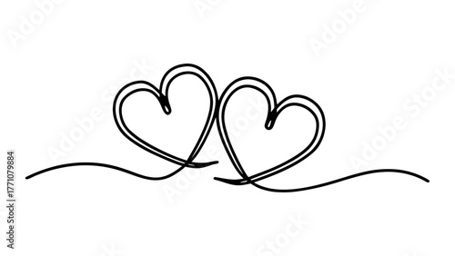 Continuous line drawing of two hearts isolated on transparent background