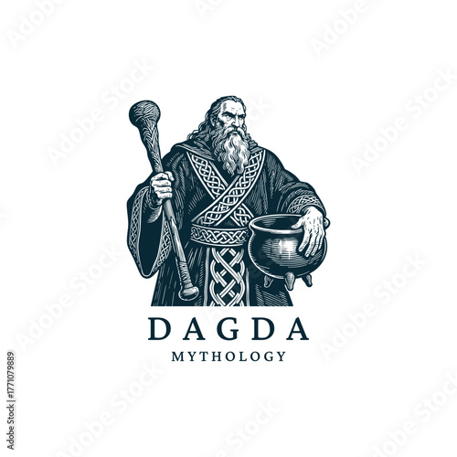 vector illustration of the Celtic deity, Dagda, the "Good God," depicted in a vintage engraving style. He is holding his massive club (lorg mór) and the magical cauldron of abundance