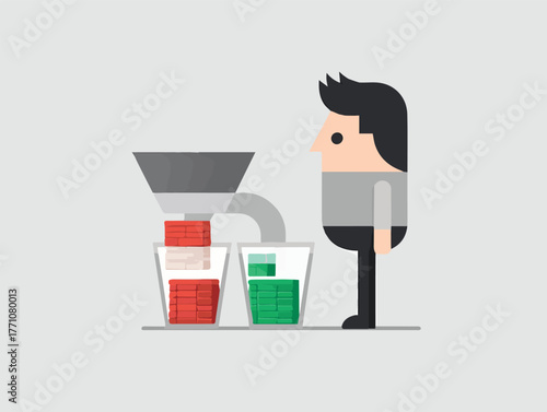 Money Conversion Process: This image visualizes a person observing the conversion of money. It is an illustration that depicts the process of transformation from one form to another.