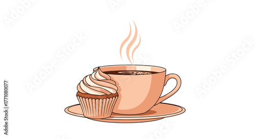 A close-up of a coffee cup with steam rising next to a cupcake on a saucer.