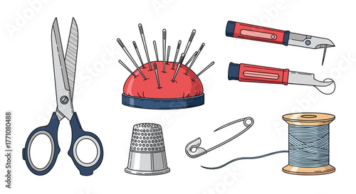 Collection of sewing and crafting tools including scissors, a pincushion, thimble, and thread.