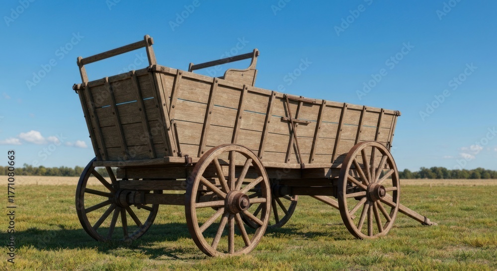 Obraz premium Old wooden wagon on grass field under sunny blue sky