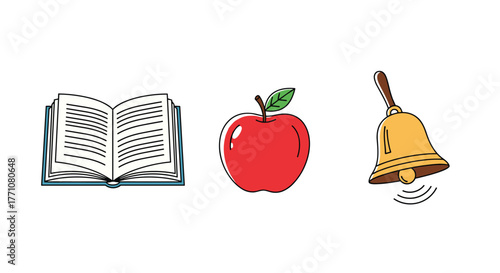 Illustration of an open book, a red apple, and a ringing school bell on a white background.