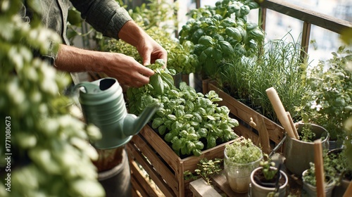 Hands tending vibrant green basil plants on sunny balcony garden, cultivating fresh herbs for healthy living and culinary delight