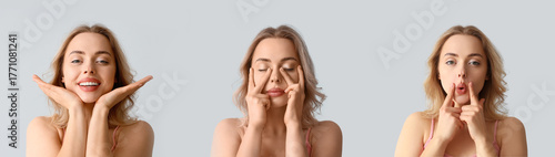 Set of young woman doing fa...