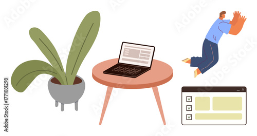 Laptop on table near potted plant, person leaping with energy, checklist window. Ideal for productivity, remote work, creativity, goal setting, motivation multitasking wellness. Simple flat
