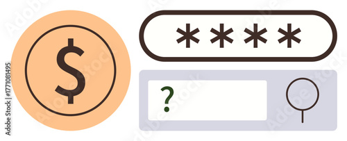 Dollar sign next to password field with asterisks and magnifying glass. Ideal for finance, security, payment, authentication, online accounts, privacy, and user access. Simple flat metaphor