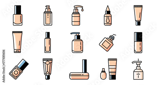 Cosmetic products in bottles and tubes, vector illustration.