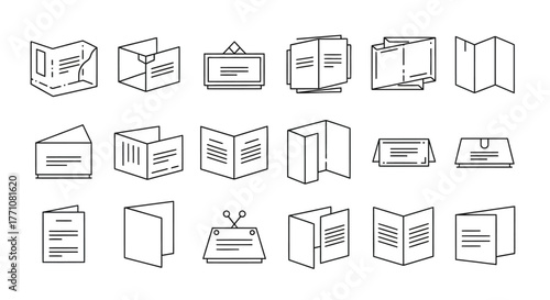 Set of line art icons depicting various folded paper documents, brochures, flyers, and cards for graphic design and print media.