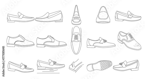 A collection of classic men's dress shoes, including loafers and oxfords, illustrated in a black and white outline style from various angles.