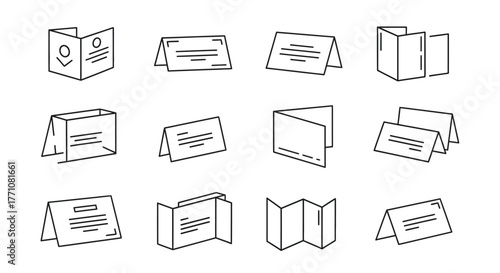 A collection of line art icons depicting various types of folded paper, such as tent cards, brochures, and nameplates.