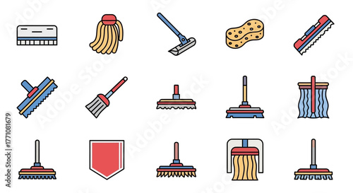 A colorful collection of vector icons representing various cleaning tools and supplies like mops, brooms, and squeegees.