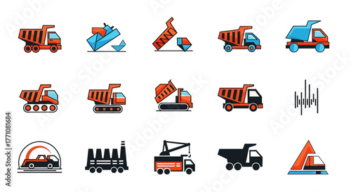 Collection of various construction and heavy industrial machinery vector icons.