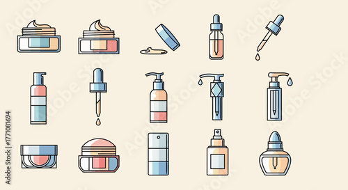 A collection of various cosmetic and skincare product containers in a flat, pastel-colored illustration style, showcasing different packaging types.