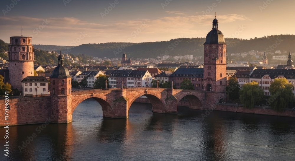 Obraz premium River cityscape featuring a historic bridge with towers at golden hour